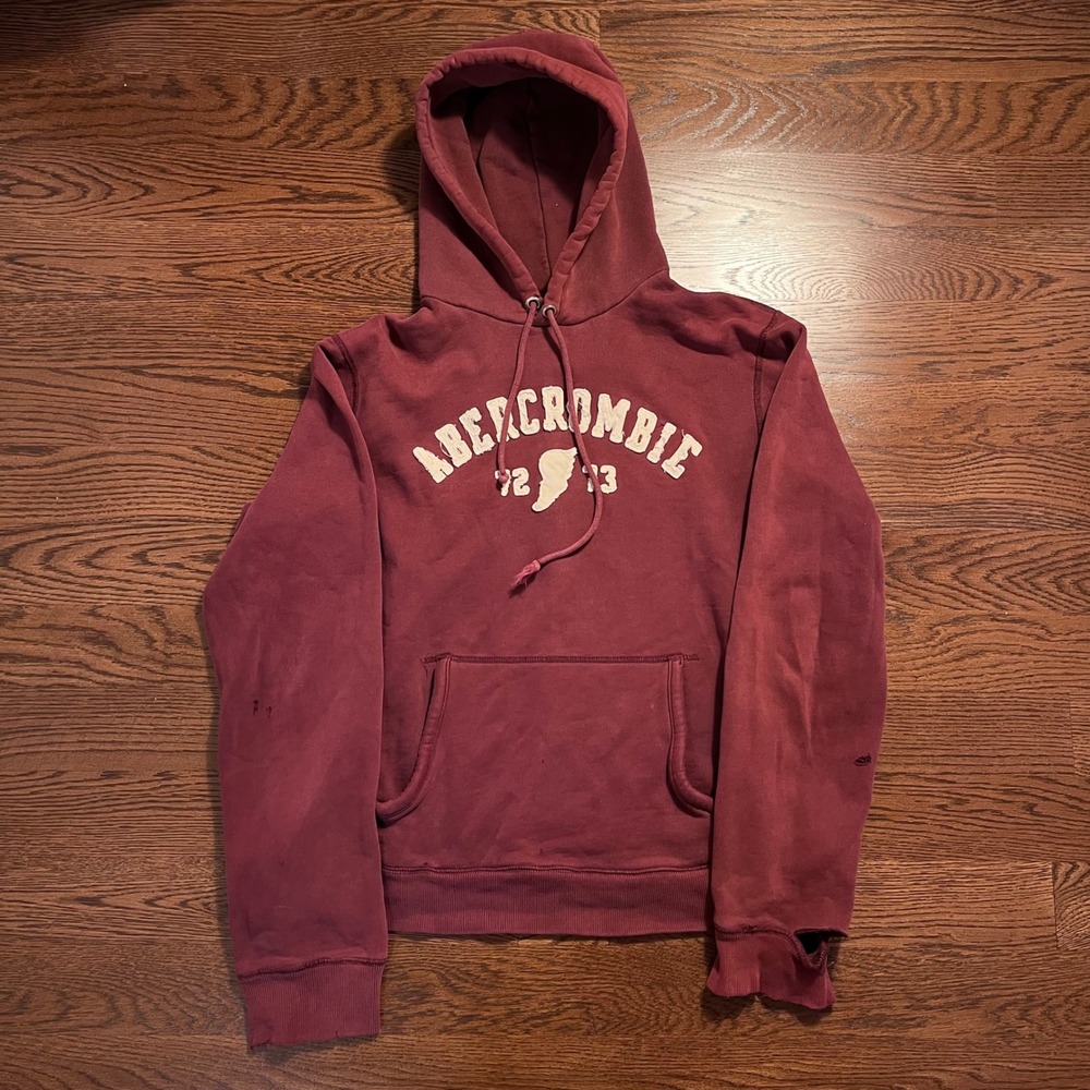 y2k vintage abercrombie & fitch mens dark red distressed embroidered hoodie L